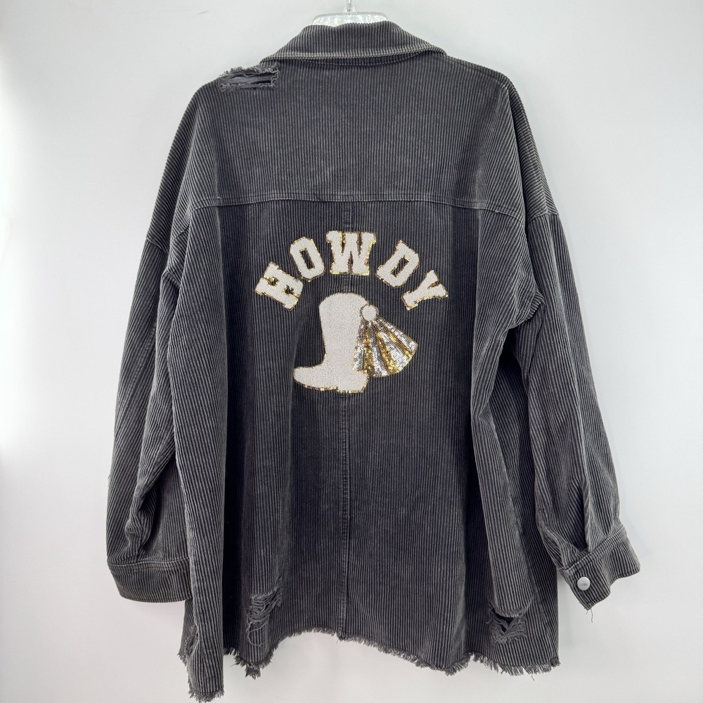 Altar'd State Corduroy Shacket Sz M Gray Wide Wale Embellished Howdy Distressed